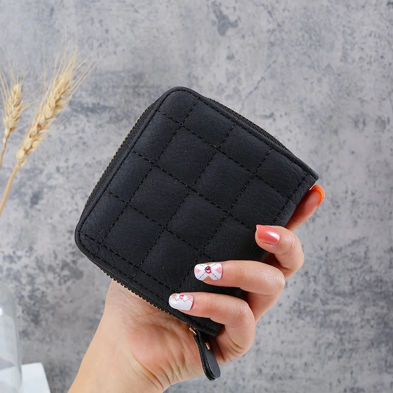 Portefeuille Court Femme Cuir PU à Carreaux - Petit Porte-Cartes Zip avec Porte-Monnaie