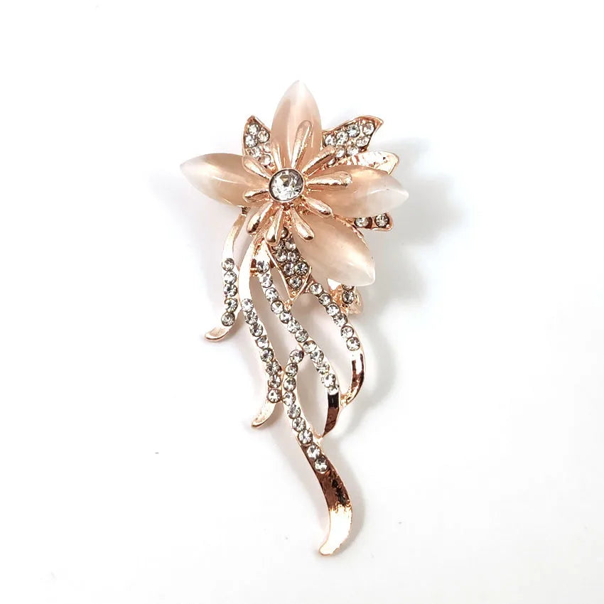 Broche Bouquet Fleurs Opale Strass Dorée – Pin's Mariée Mariage Élégant Femme
