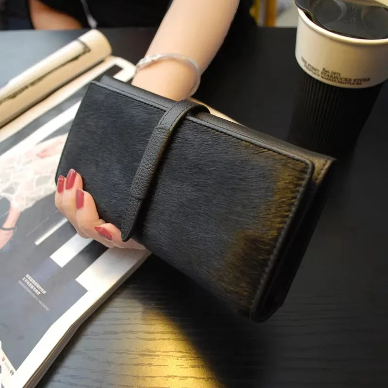 Portefeuille Femme Cuir Véritable Léopard Noir - Clutch Luxe Designer Long 2026