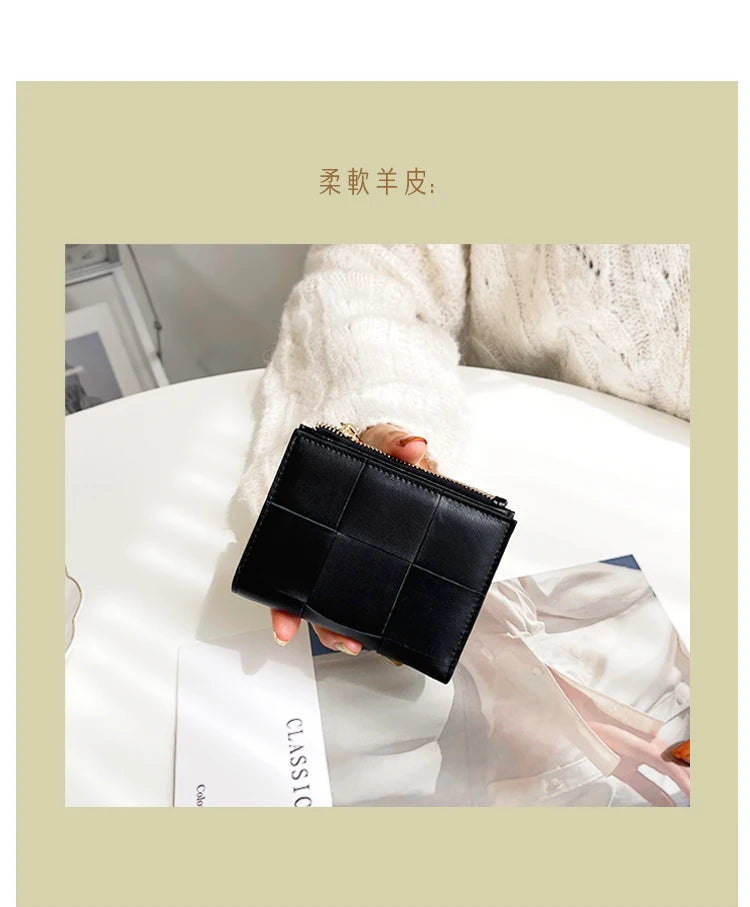 Portefeuille Femme Cuir Tressé - Porte-Monnaie Bifold Multi-Cartes Compact