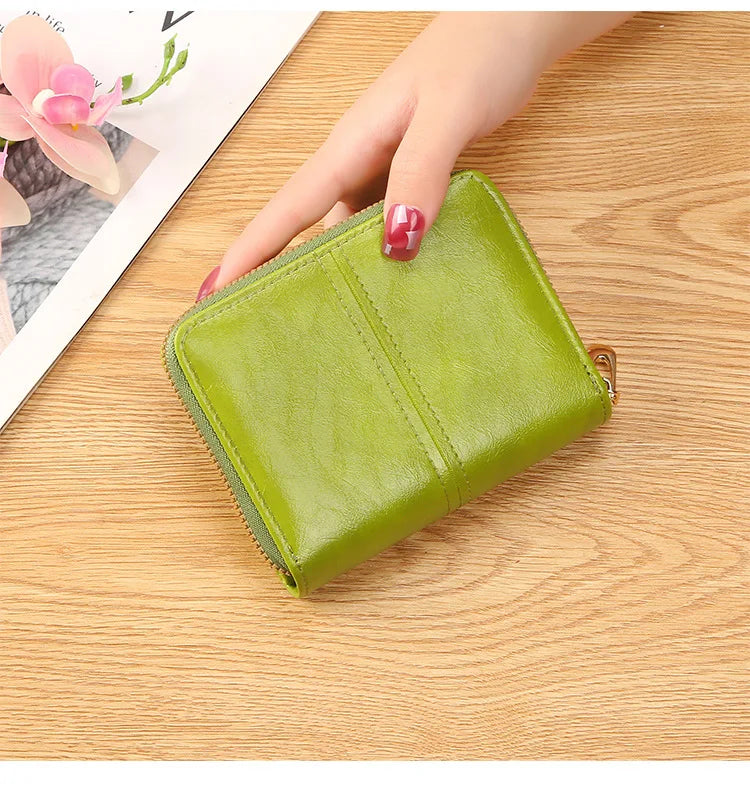 Portefeuille Femme Cuir Bifold Court Rose - Wallet Porte-Cartes Zipper Coin Pouch