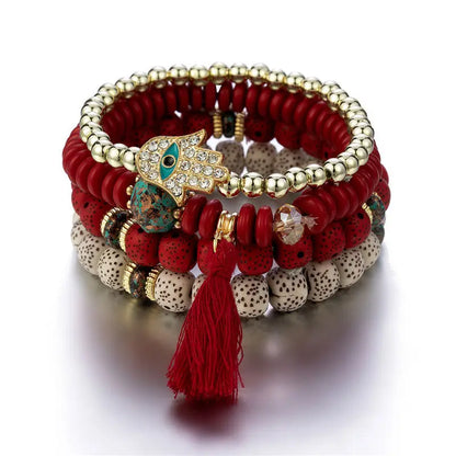 Bracelet Bohème Main Bouddha Turquoise Pompons – Ethnique Spirituel Vintage