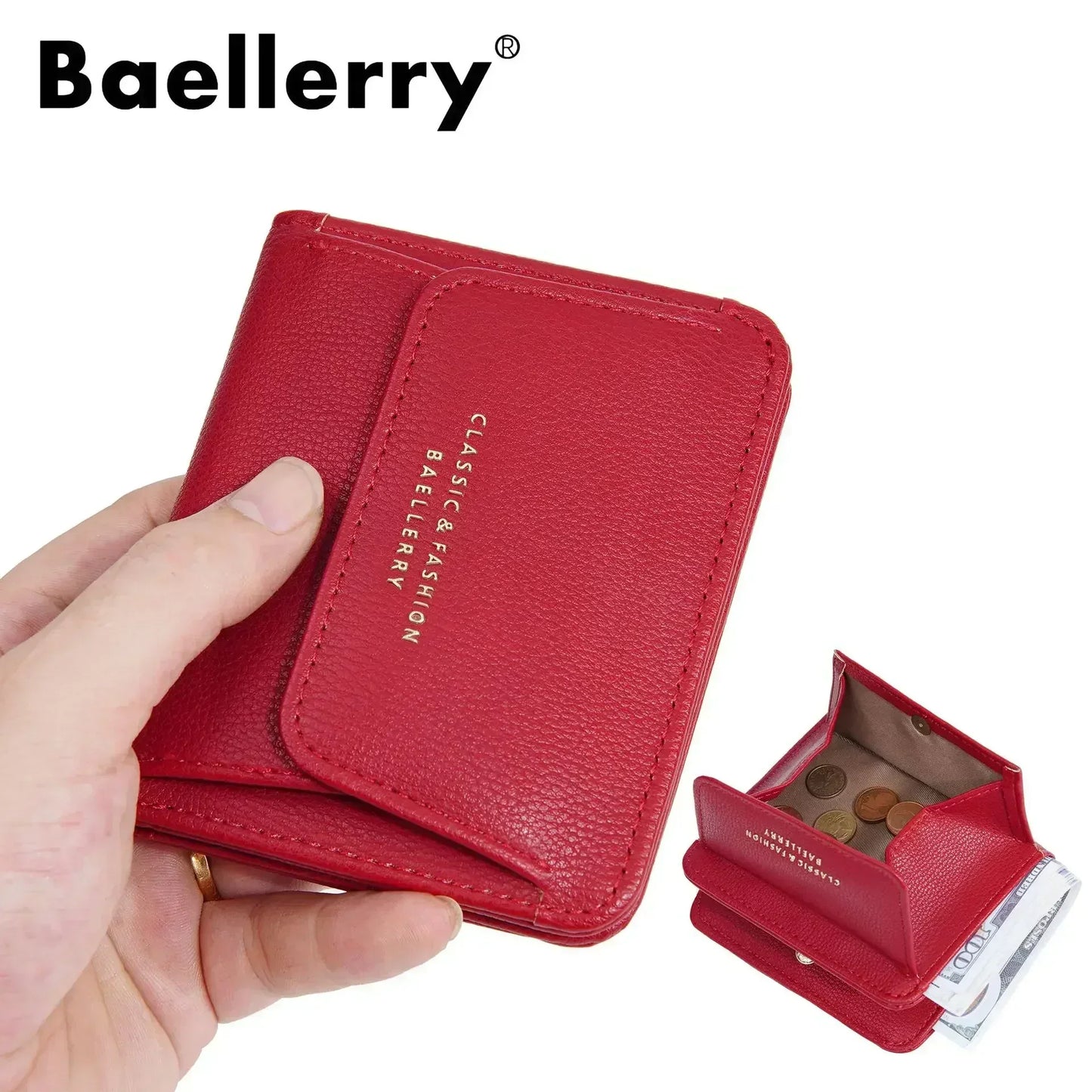 Portefeuille Femme Court Mini Cuir PU Noir - Porte-Carte Porte-Monnaie Multifonction Compact Rouge