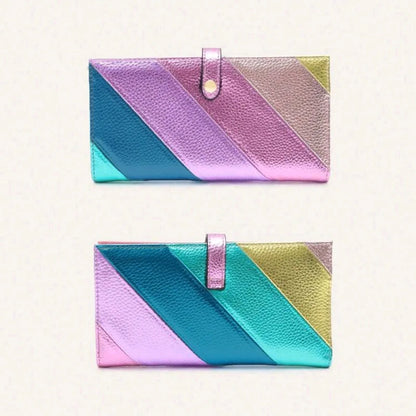 Portefeuille Long Femme Cuir PU Rayures Colorées - Bifold Fermeture Éclair Porte-Cartes