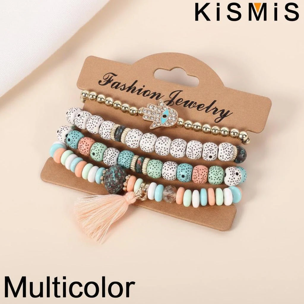 Set de 4 Bracelets Bohèmes Superposables - Œil Protecteur et Pompon