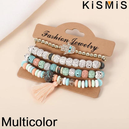Set de 4 Bracelets Bohèmes Superposables - Œil Protecteur et Pompon
