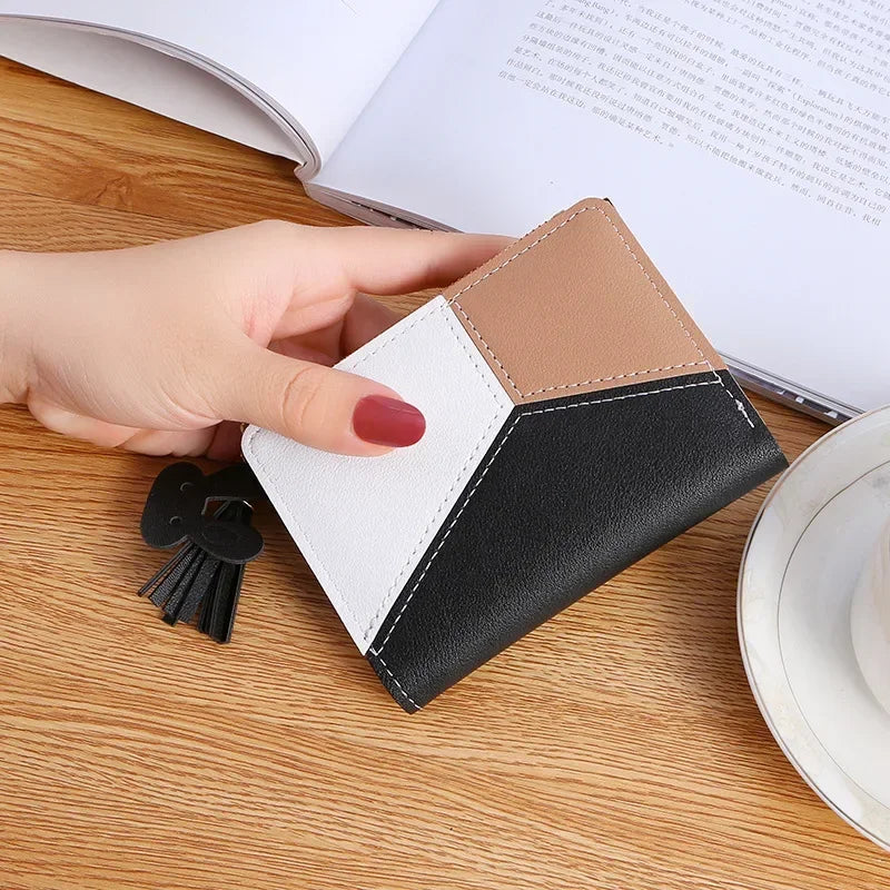 Portefeuille Court Femme Cuir PU avec Pompon - Porte-Cartes Pliable Portable