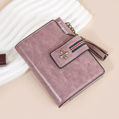 Portefeuille Femme Cuir Ciré Glands - Porte-Monnaie Tri-Fold Multi-Fentes Fermeture Éclair