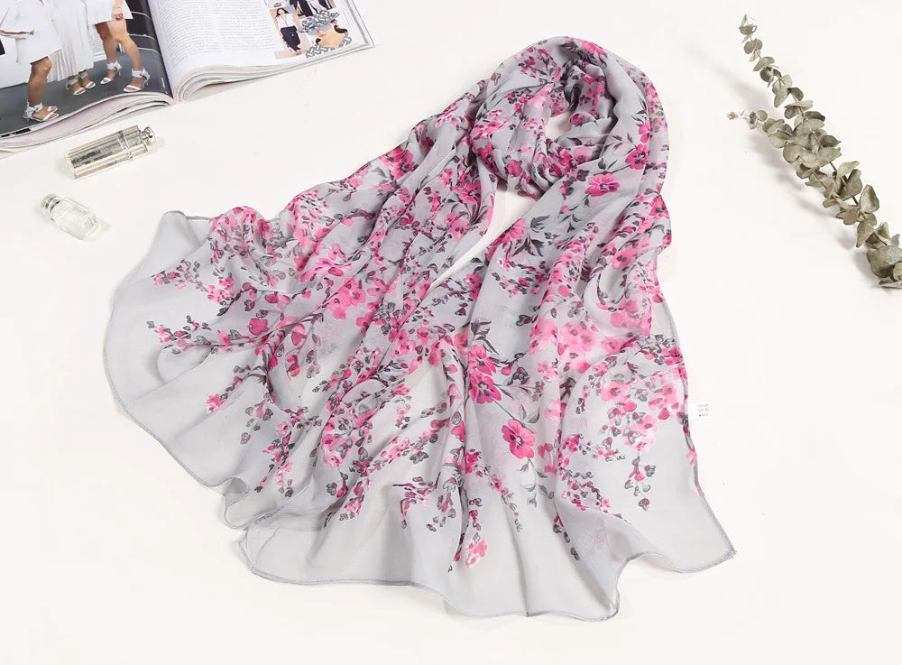 Foulard Écharpe Mousseline Fleur Prunier Femme - Bandana Châle Été Protection Solaire Plage