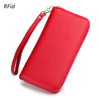 Portefeuille Femme Cuir Véritable RFID - Porte-Carte Zippé Multi-Compartiments avec Pompon