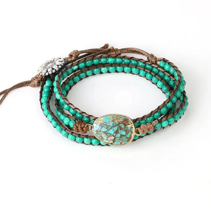 Bracelet Wrap Quartz Rose Cuir – Pierre Naturelle Bohème Multicouche
