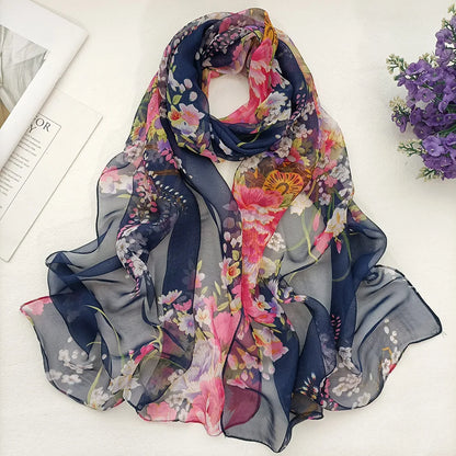 Foulard Écharpe Mousseline Georgette Femme Fleur Prune - Bandana Été Léger Respirant