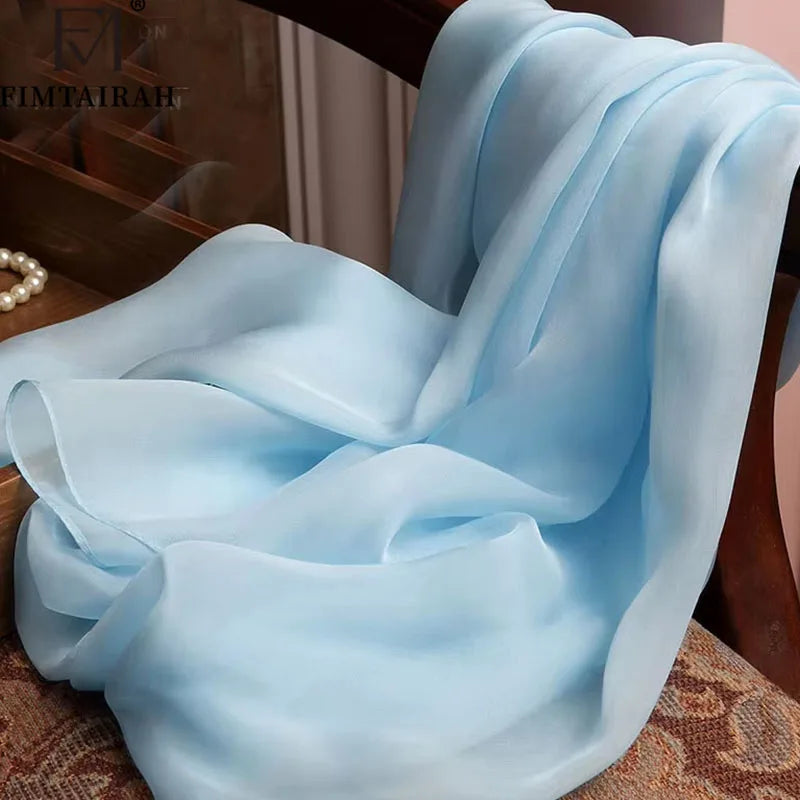 Foulard Écharpe Soie 100% Mousseline Femme Bleu Ciel - Châle Long 180x65cm Hangzhou