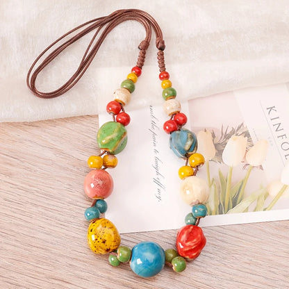 Collier Perles Céramique Tressé Main Bohème – Ajustable Ethnique Rétro Femme