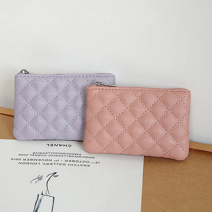 Porte-Monnaie Femme Mini Cuir PU Fermeture Éclair - Pochette Cartes Motif Carreaux Blanc