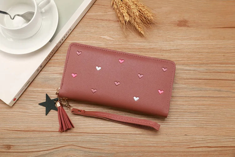 Portefeuille Long Femme Brodé - Pochette Dragonne Multi-Cartes Élégante