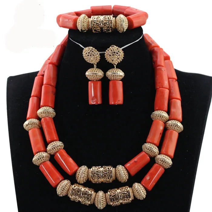 Parure Luxe Corail Nigérian 4 Couches – Ensemble Mariée Statement