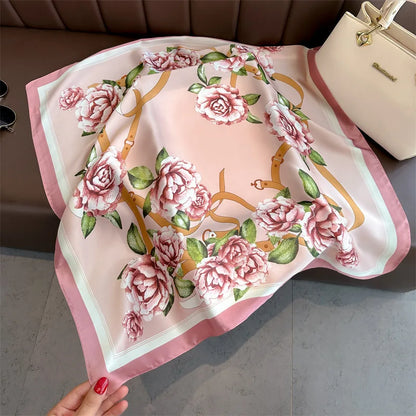 Foulard Carré Soie 70cm Imprimé Rose Femme - Écharpe Printemps Été Headscarf Bandana