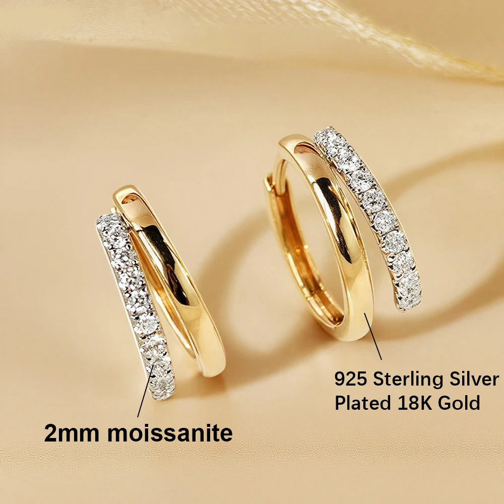 Boucles d'Oreilles Créoles Moissanite 2mm Argent 925 Plaqué Or 18K – Double Cercle Diamant Femme