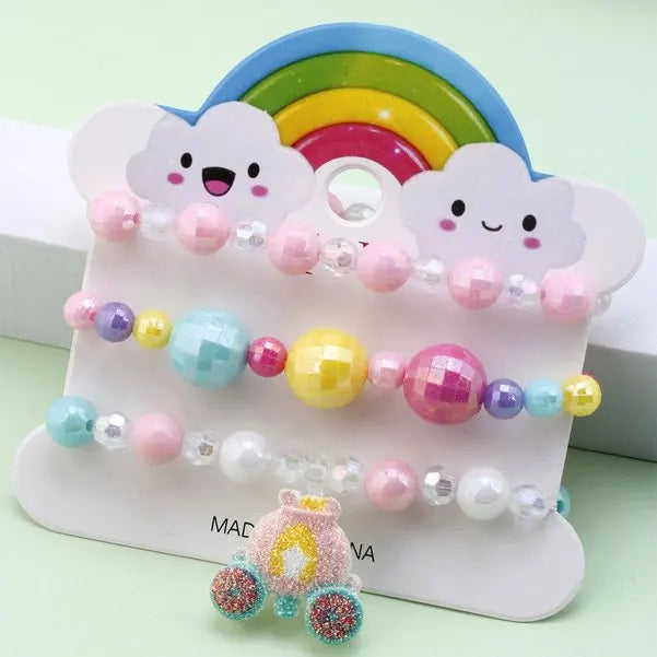 Ensemble 3 Bracelets Perles Cartoon Mignons Enfants – Princesse Licorne Fruits Chat Filles