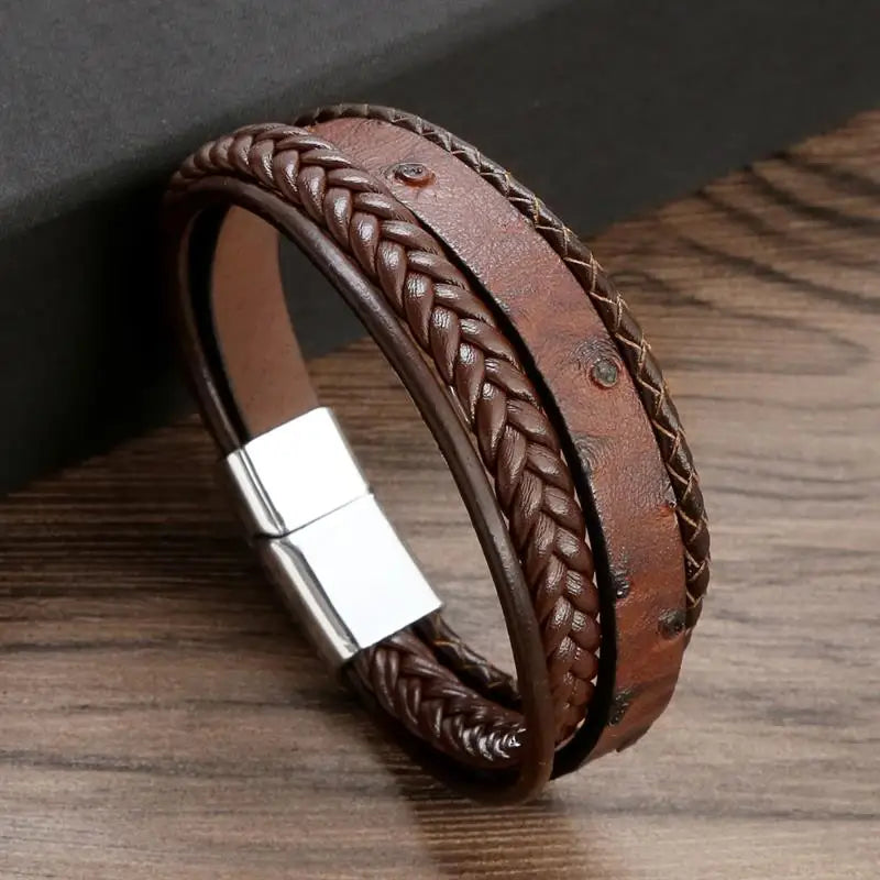 Bracelet Cuir Tressé Multicouche Punk – Boucle Magnétique Croix Homme