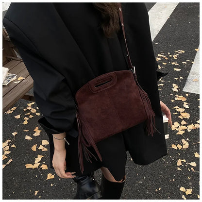 Sac à Main Femme Daim Vintage Style Français - Sac Bandoulière Épaule Glands Café