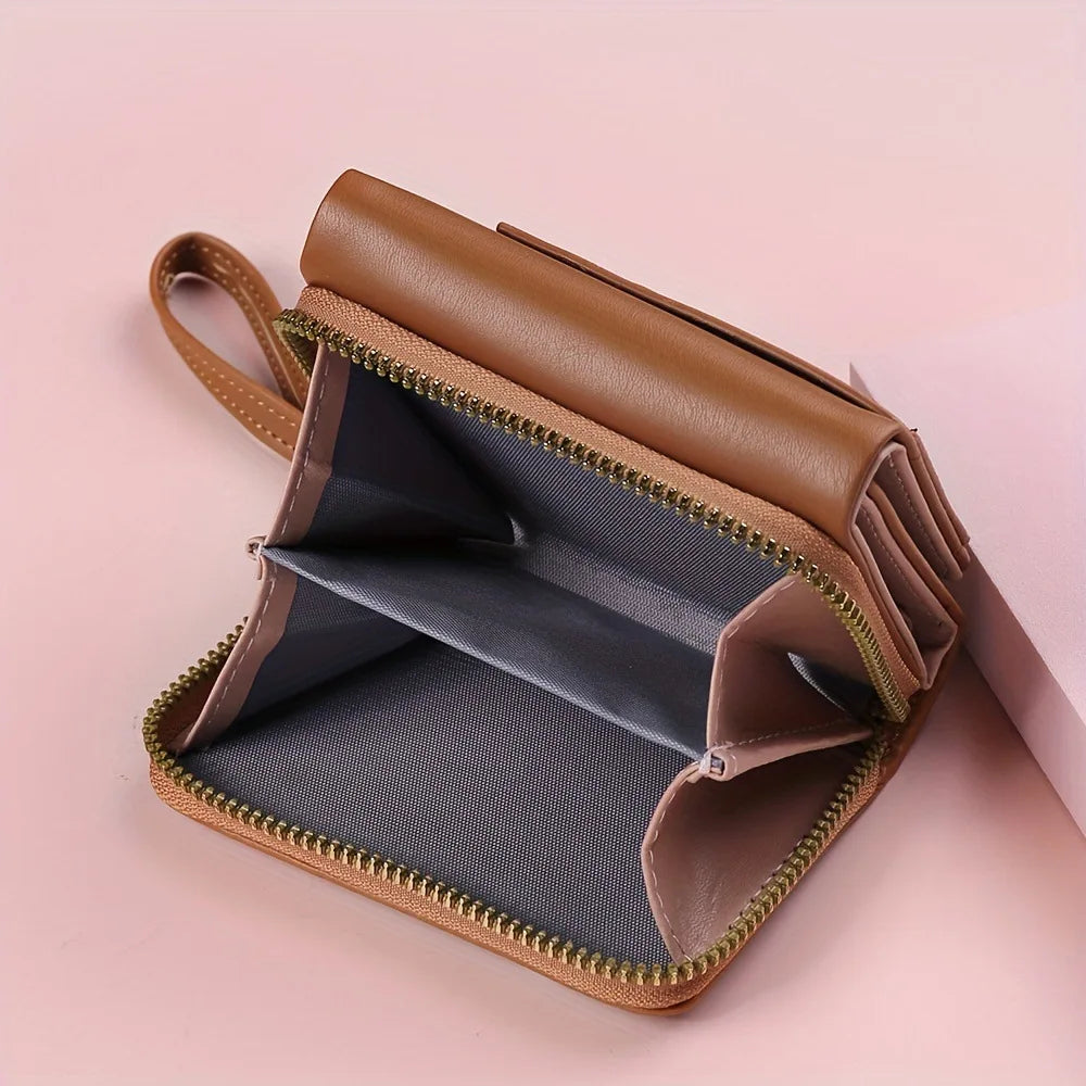 Portefeuille Femme Cuir PU Marron - Porte-Monnaie Zippé Court avec Porte-Carte pour Homme et Femme