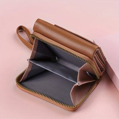 Portefeuille Femme Cuir PU Marron - Porte-Monnaie Zippé Court avec Porte-Carte pour Homme et Femme