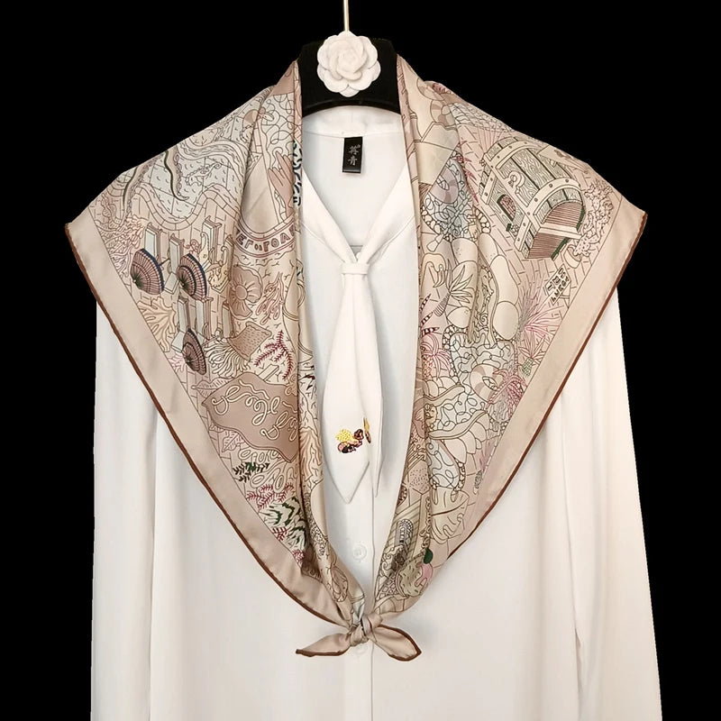 Foulard Carré Soie 100% 90cm Double Face Femme - Neckerchief Châle Luxe Gris Taupe