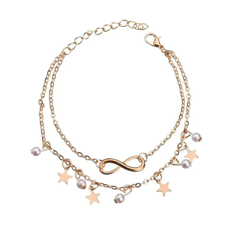 Chaîne de Cheville Bohème Perles Étoiles Pompons – Bracelet Pied Vintage Femme
