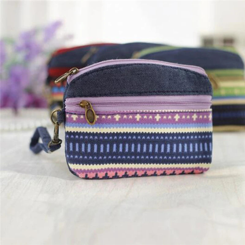 Porte-Monnaie Ethnique en Coton - Pochette Double Zip pour Femme et Enfant
