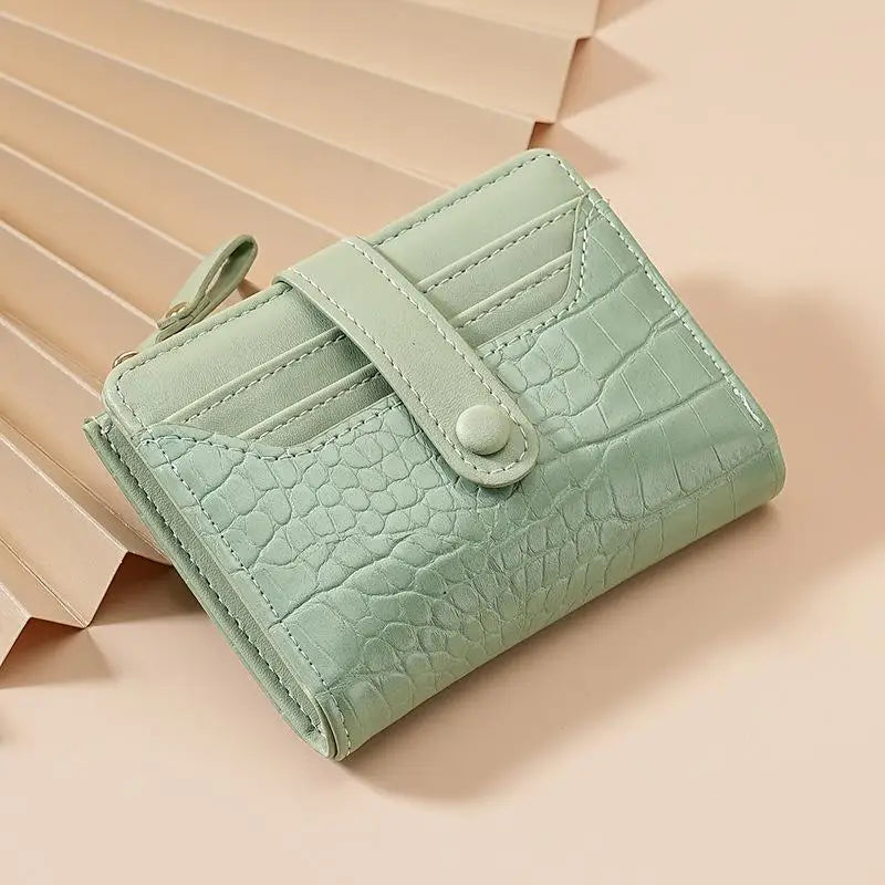 Portefeuille Femme Court Cuir PU Imprimé Crocodile Zippé - Porte-Carte Multi-Emplacements Imperméable Kaki