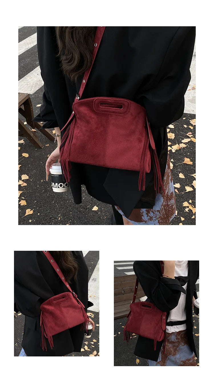 Sac à Main Femme Daim Vintage Style Français - Sac Bandoulière Épaule Glands Café