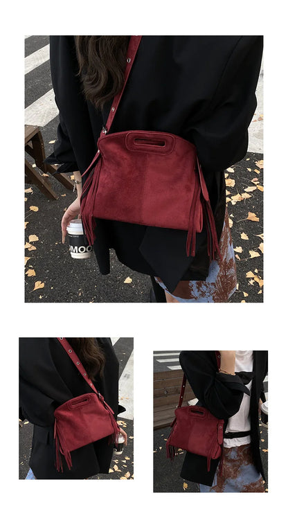 Sac à Main Femme Daim Vintage Style Français - Sac Bandoulière Épaule Glands Café