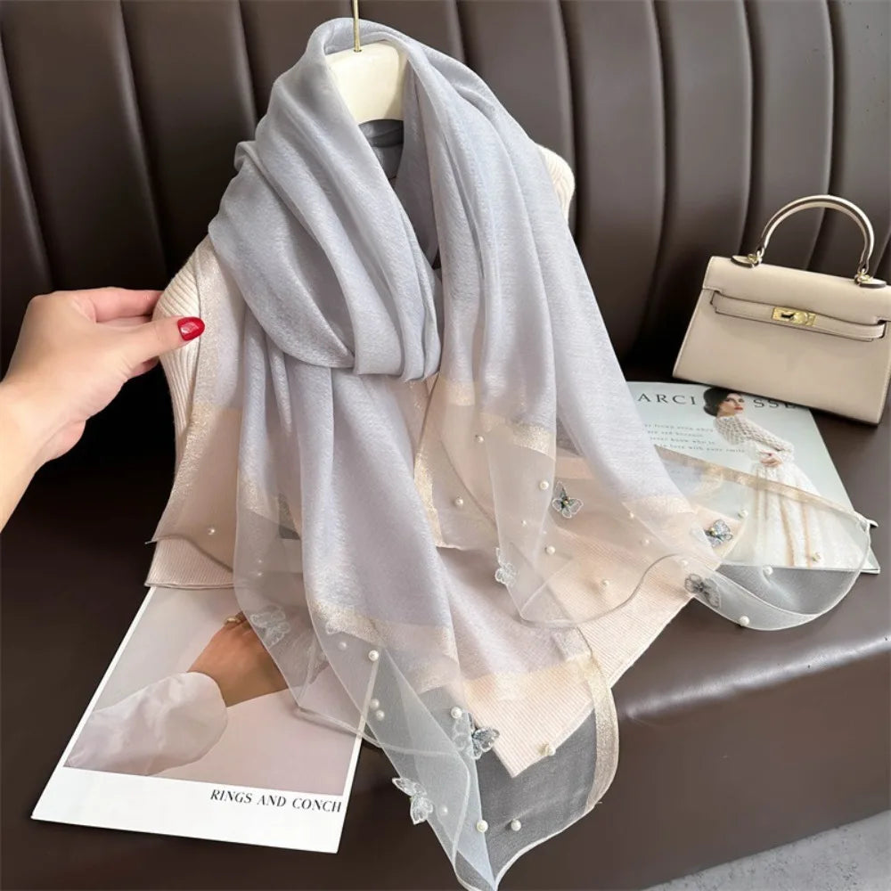Foulard Soie Broderie Papillon Femme - Écharpe Châle Hijab Luxe Léger Élégant