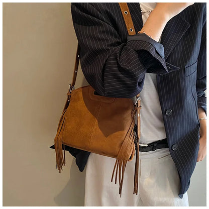 Sac à Main Femme Daim Vintage Style Français - Sac Bandoulière Épaule Glands Café
