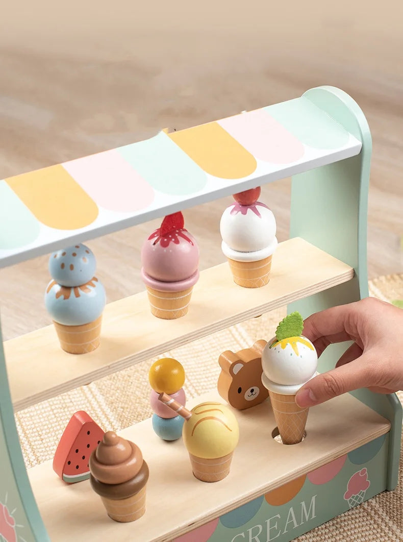 Comptoir de Crème Glacée en Bois - Jouet Montessori 40+ Pièces avec Monnaie pour Enfants 3-6 Ans