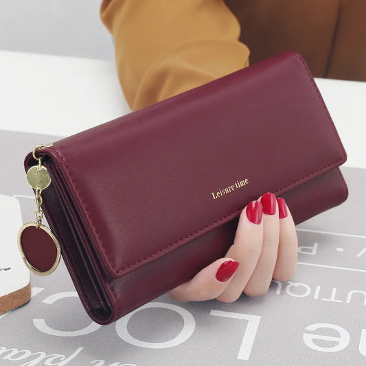 Women's Long Tri-Fold Leather Wallet - Elegant Card Holder with Compartments