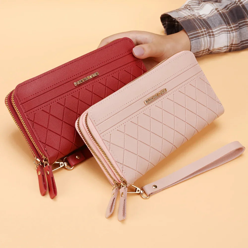 Portefeuille Femme Cuir PU Pompon - Porte-Monnaie Double Fermeture Éclair