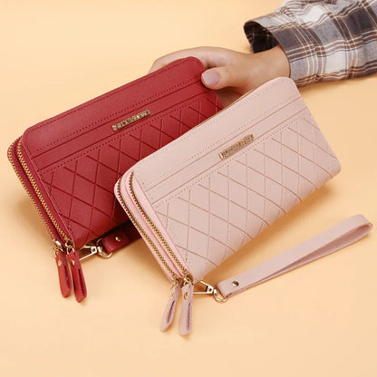 Portefeuille Femme Cuir PU Pompon - Porte-Monnaie Double Fermeture Éclair