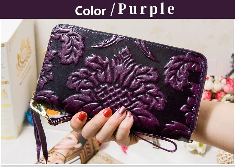 Portefeuille Femme Cuir Véritable Vintage Floral - Grande Capacité Clutch Pochette en Cuir de Vache