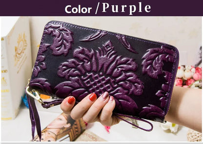 Portefeuille Femme Cuir Véritable Vintage Floral - Grande Capacité Clutch Pochette en Cuir de Vache