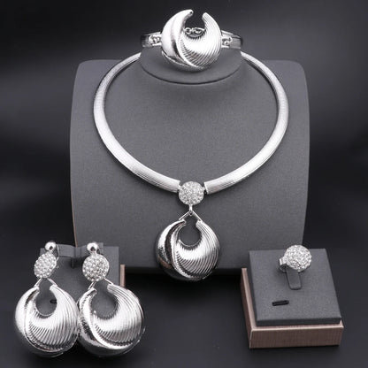 Ensemble Bijoux Dubai Luxe Plaqué Argent Cristaux – Collier Boucles Bracelet Bague Mariée