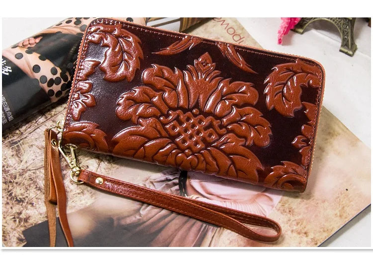 Portefeuille Femme Cuir Véritable Vintage Floral - Grande Capacité Clutch Pochette en Cuir de Vache