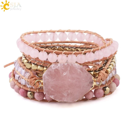 Bracelet Wrap Quartz Rose Cuir – Pierre Naturelle Bohème Multicouche