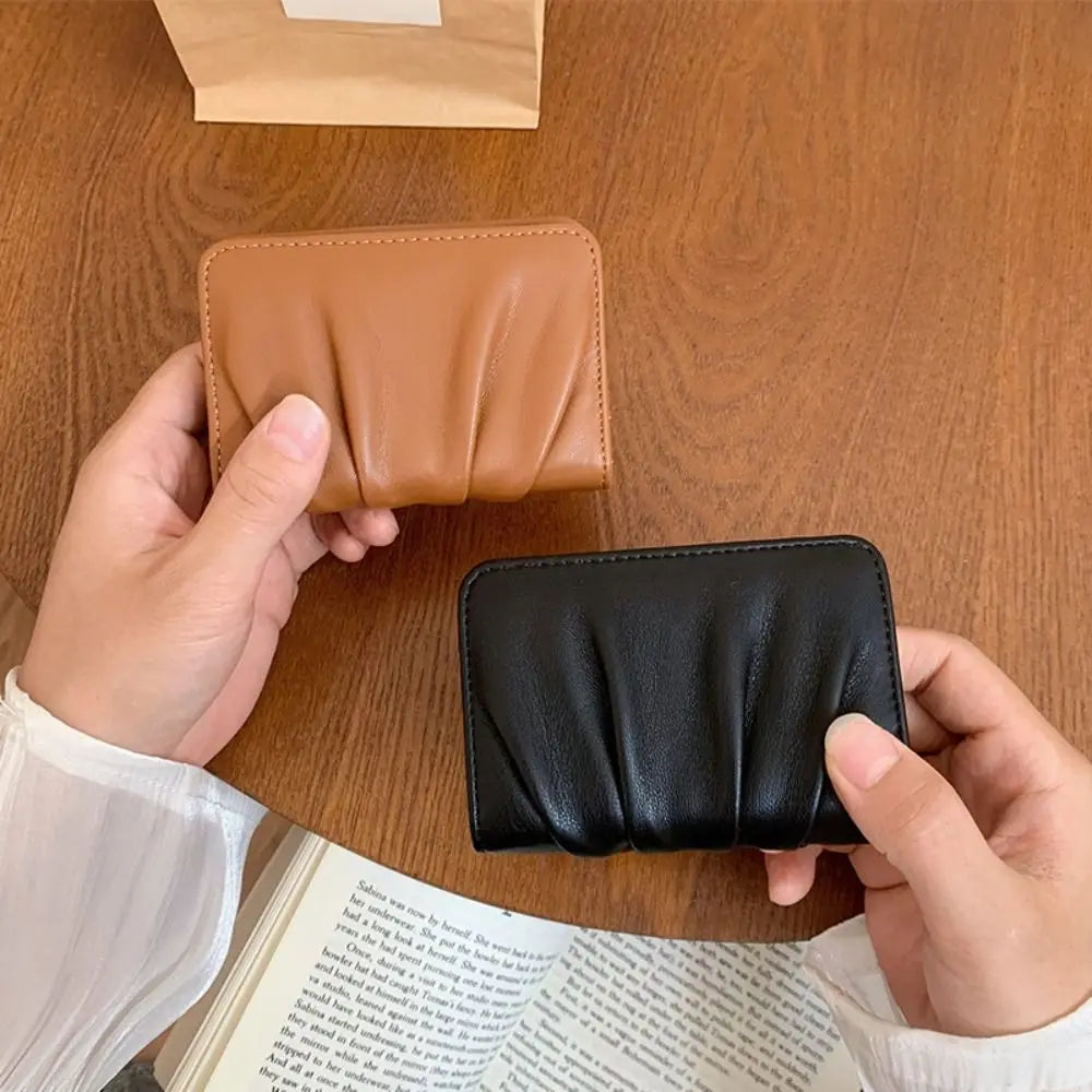 Portefeuille Femme Court Cuir PU Imperméable - Porte-Carte Plissé Multifonction Grande Capacité Bifold
