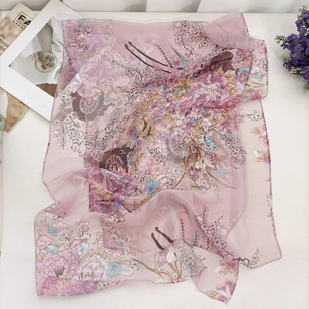 Foulard Écharpe Mousseline Georgette Femme Fleur Prune - Bandana Été Léger Respirant