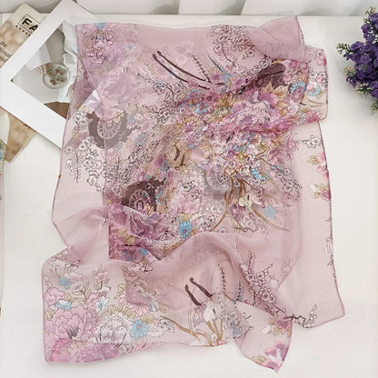 Foulard Écharpe Mousseline Georgette Femme Fleur Prune - Bandana Été Léger Respirant