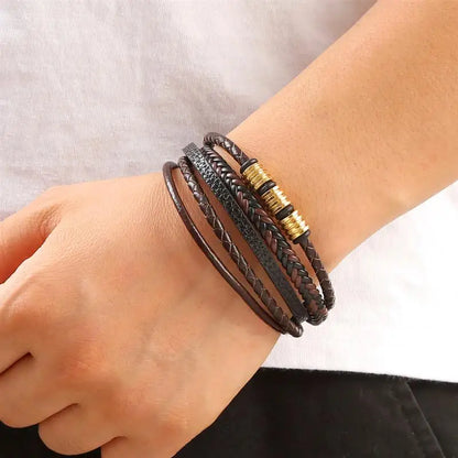 Bracelet Cuir Tressé Multicouche Punk – Boucle Magnétique Croix Homme