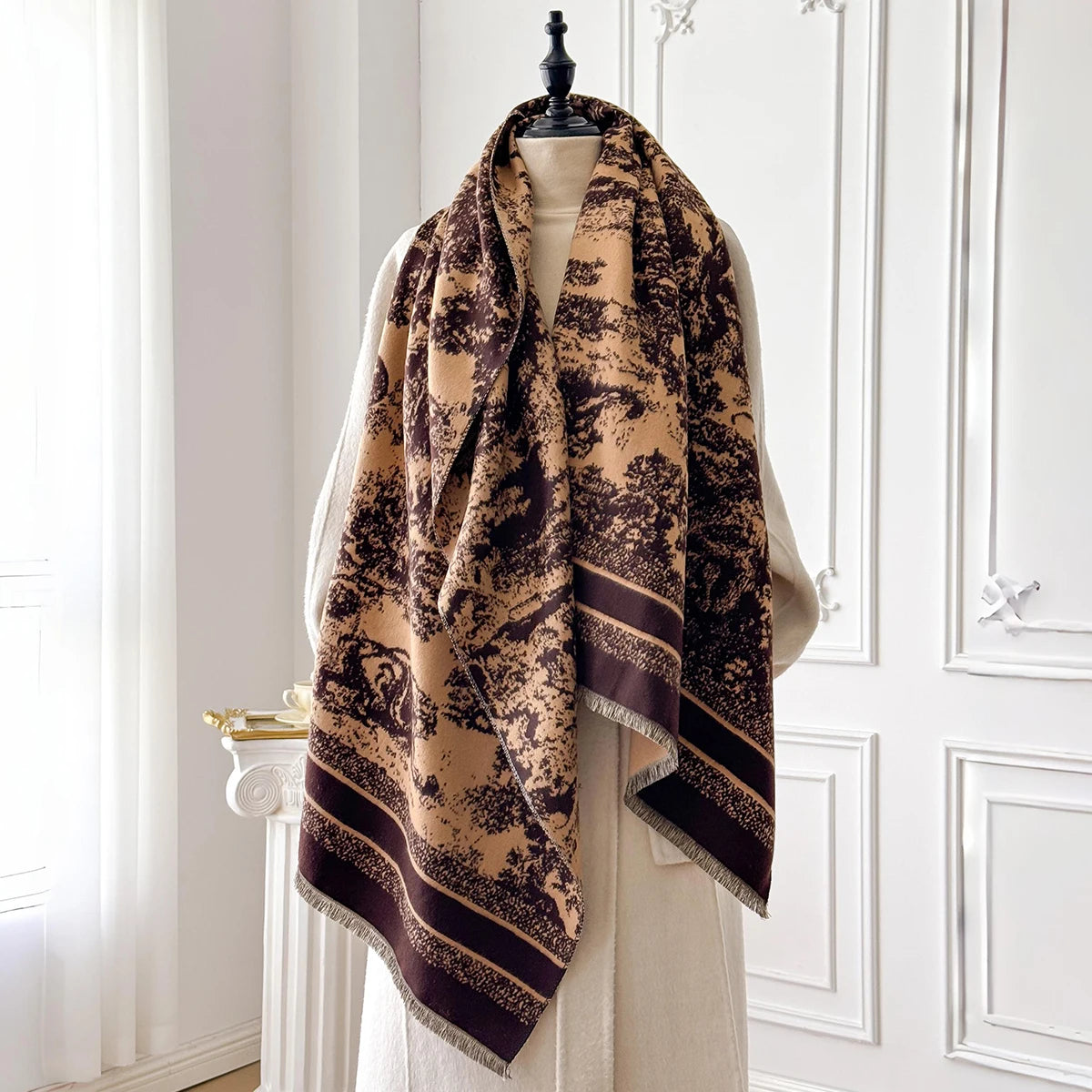 Foulard Écharpe Cachemire Luxe Femme Hiver - Châle Pashmina Rayé Imprimé Poncho Franges